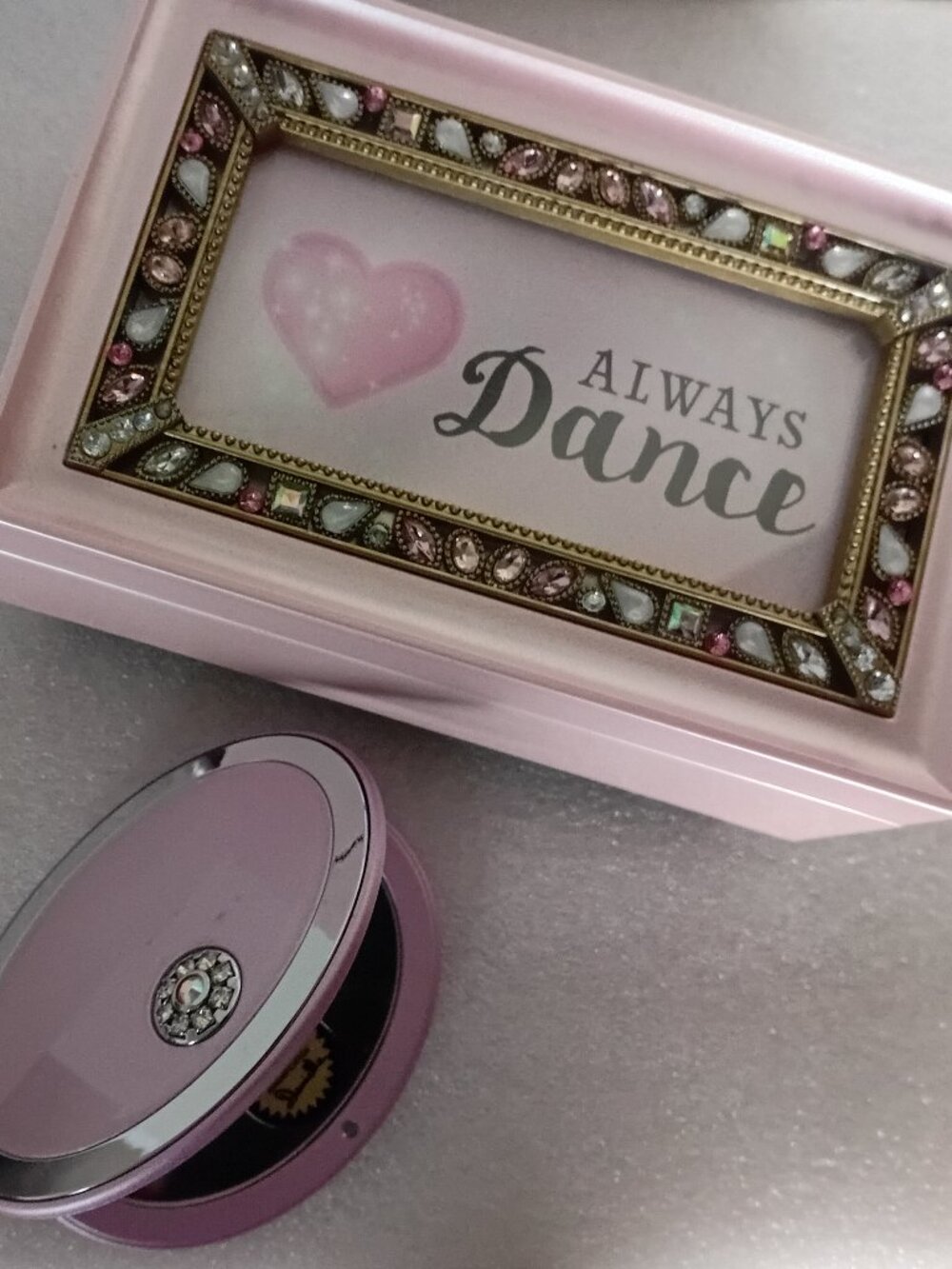 Pink Jewelry Music Box With Rhinestones And A Matching Compact Makeup Mirror